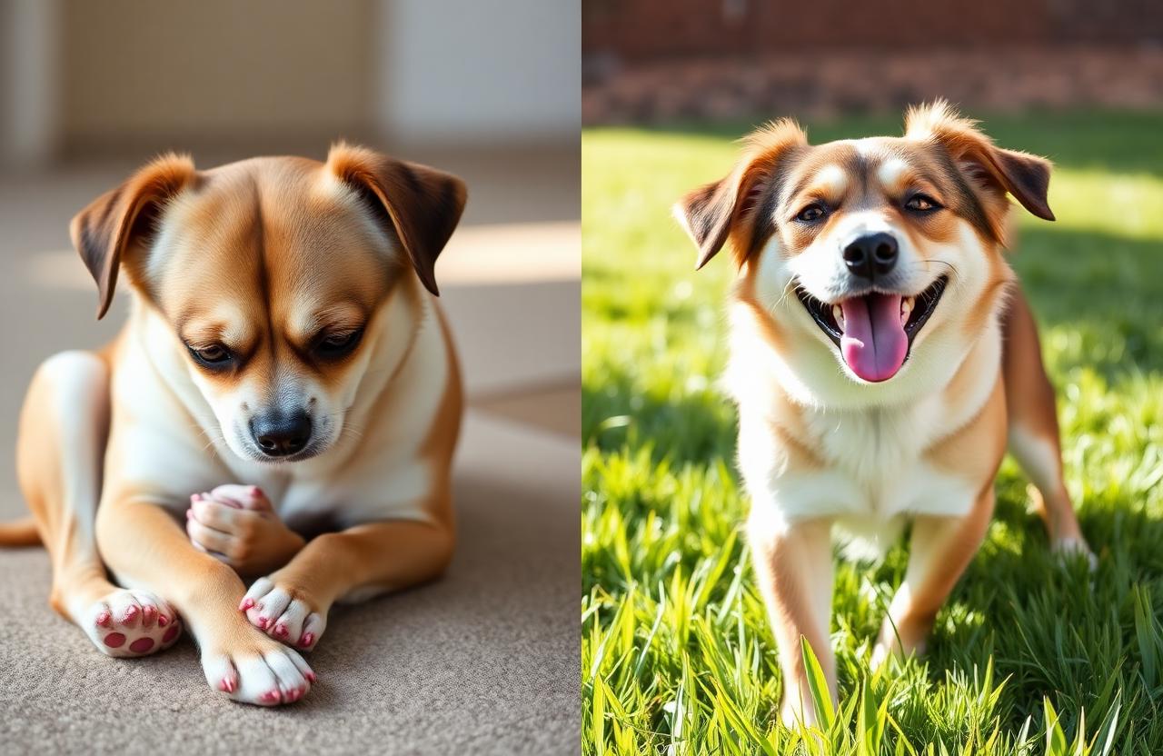 Comparação de um cão antes e depois: de desconfortável a saudável e feliz